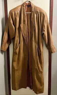 Vintage Express Women’s Long Brown Genuine Leather Trench Coat Size L
